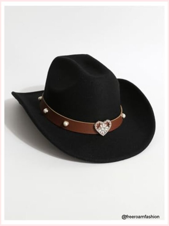 Wide Brim Cowgirl Hat with Rhinestone Decor for Country Concert